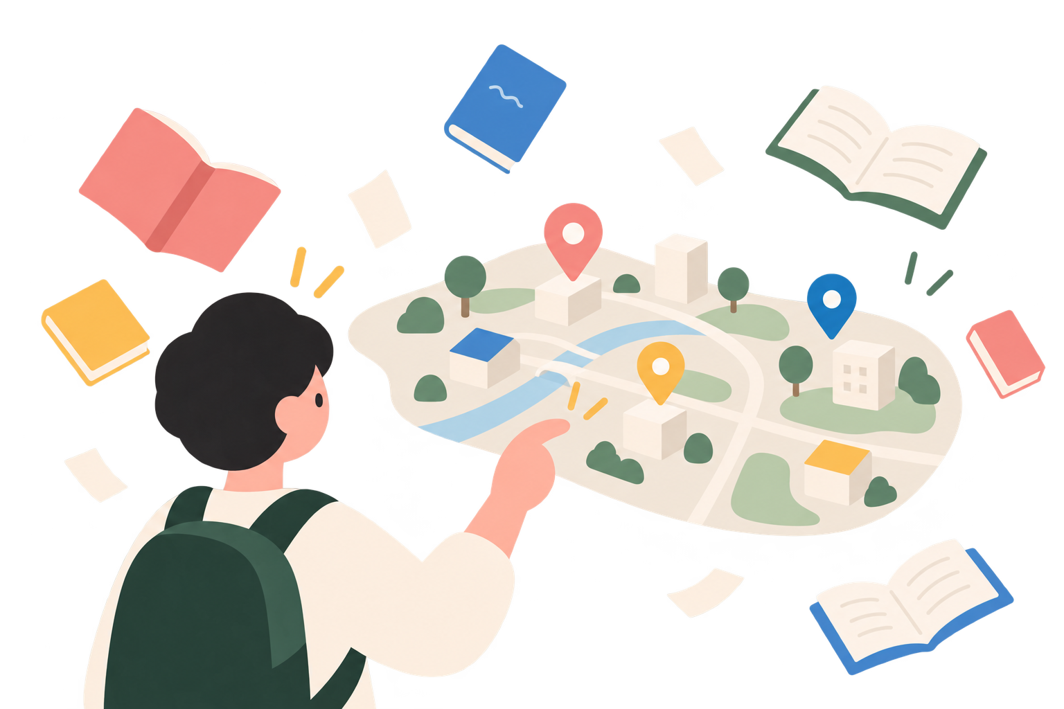 まちの地図から本を探す人